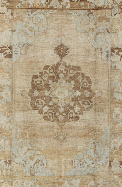 Vintage Turkish Kars rug with floral medallion in camel, tan, taupe, gray, sand, Keivan Woven Arts, rug TU - ARS - 433, country of origin / type: Turkey / Oushak, circa 1940 This vintage Turkish Kars rug (circa mid - 20th century) features a unique bl... - Keivan Woven ArtsTU - ARS - 433 - 2448Rug