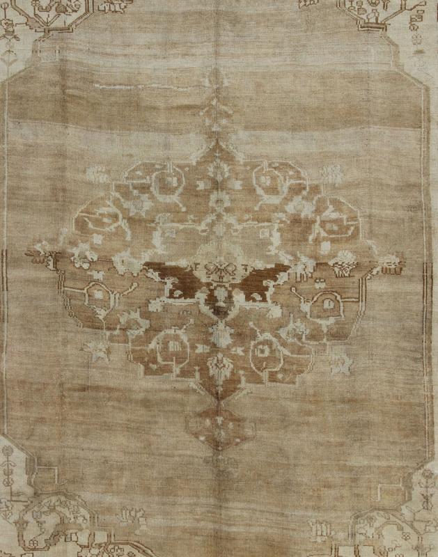 Brown, Tan and Ivory Vintage Turkish Oushak Rug with Floral Center Medallion, rug ars - 538, country of origin / type: Turkey / Oushak, circa mid - 20th century This vintage Turkish Oushak carpet (circa mid - 20th century) features a central, floral m... - Keivan Woven ArtsTU - ARS - 538 - 2444Rug