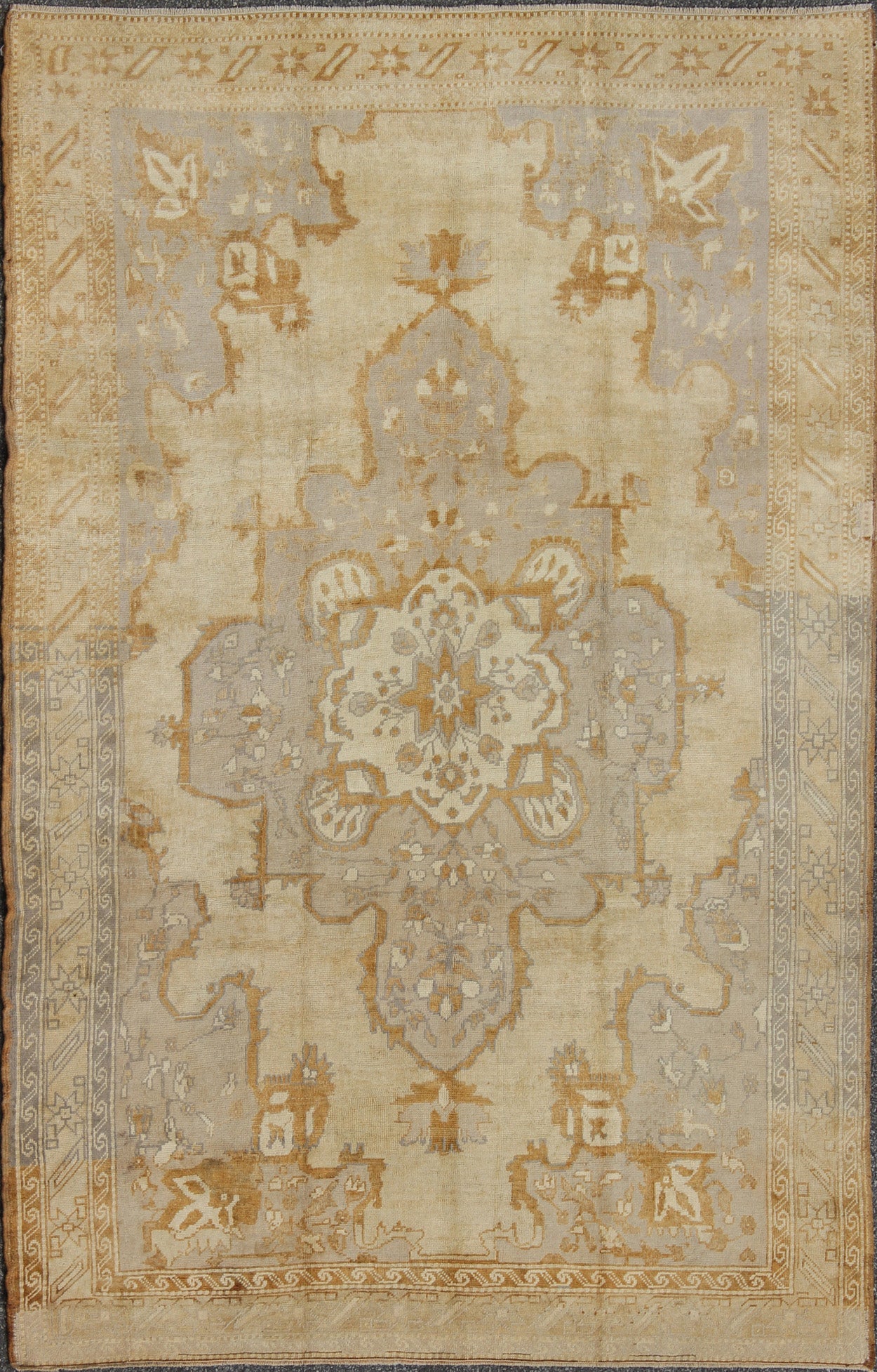 Vintage Turkish Oushak Rug with Medallion Design and Corniced Floral Border Enchanting in both color and design, this vintage Turkish piece was skillfully woven with subtly and beauty in mind. The cream - colored background receives a romantic flo... - Keivan Woven ArtsTU - ARS - 811 - 2434Rug