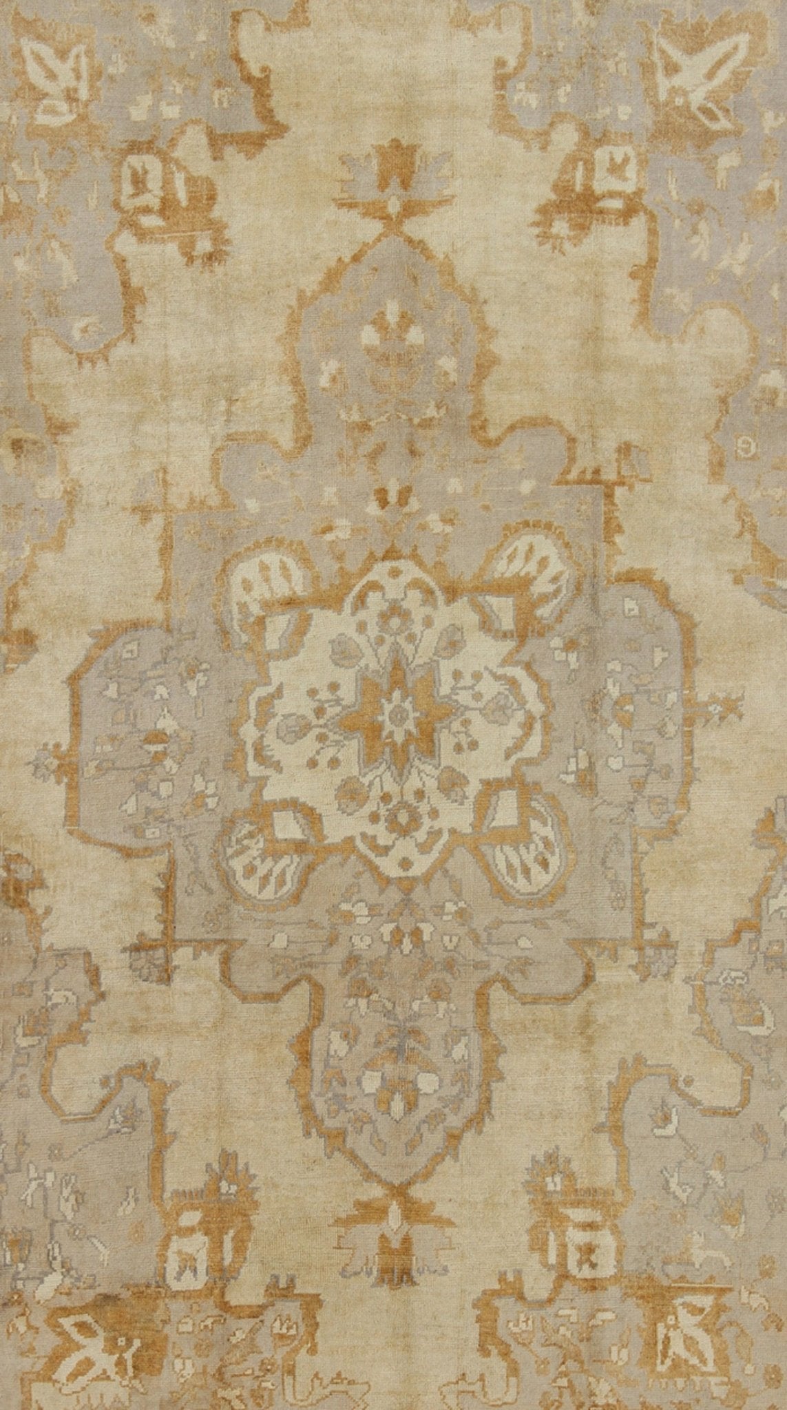 Vintage Turkish Oushak Rug with Medallion Design and Corniced Floral Border Enchanting in both color and design, this vintage Turkish piece was skillfully woven with subtly and beauty in mind. The cream - colored background receives a romantic flo... - Keivan Woven ArtsTU - ARS - 811 - 2434Rug