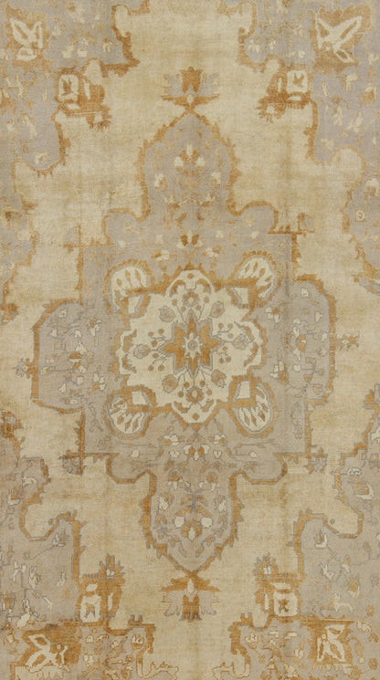 Vintage Turkish Oushak Rug with Medallion Design and Corniced Floral Border Enchanting in both color and design, this vintage Turkish piece was skillfully woven with subtly and beauty in mind. The cream - colored background receives a romantic flo... - Keivan Woven ArtsTU - ARS - 811 - 2434Rug