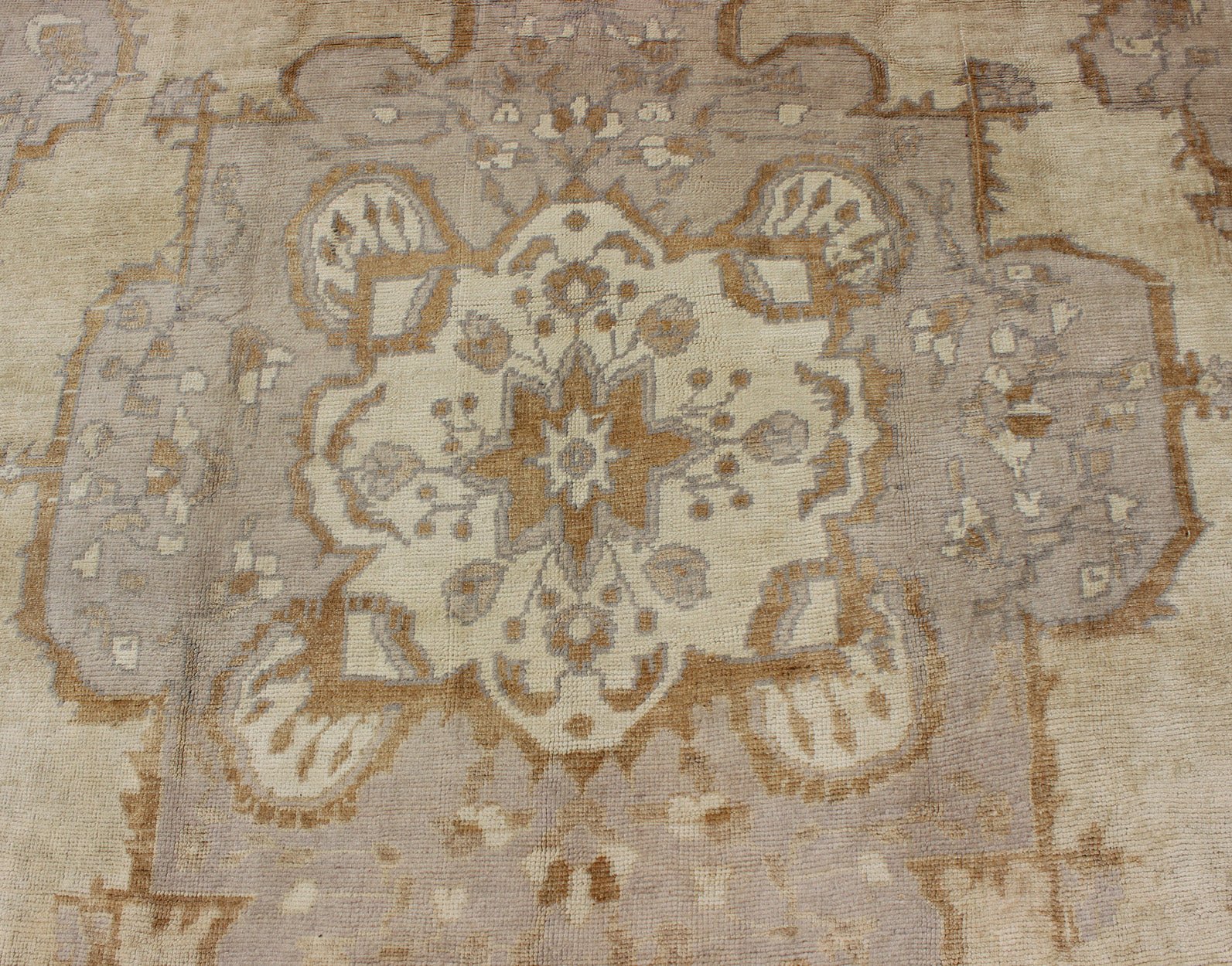 Vintage Turkish Oushak Rug with Medallion Design and Corniced Floral Border Enchanting in both color and design, this vintage Turkish piece was skillfully woven with subtly and beauty in mind. The cream - colored background receives a romantic flo... - Keivan Woven ArtsTU - ARS - 811 - 2434Rug