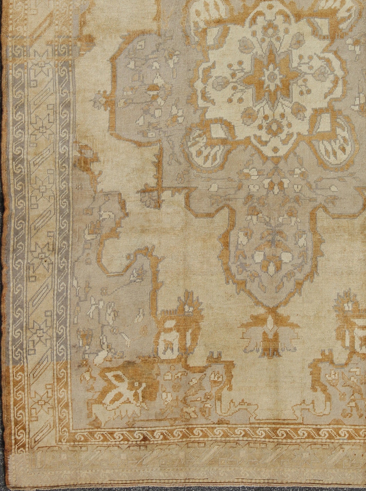 Vintage Turkish Oushak Rug with Medallion Design and Corniced Floral Border Enchanting in both color and design, this vintage Turkish piece was skillfully woven with subtly and beauty in mind. The cream - colored background receives a romantic flo... - Keivan Woven ArtsTU - ARS - 811 - 2434Rug