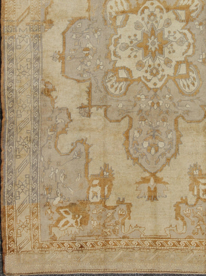 Vintage Turkish Oushak Rug with Medallion Design and Corniced Floral Border Enchanting in both color and design, this vintage Turkish piece was skillfully woven with subtly and beauty in mind. The cream - colored background receives a romantic flo... - Keivan Woven ArtsTU - ARS - 811 - 2434Rug
