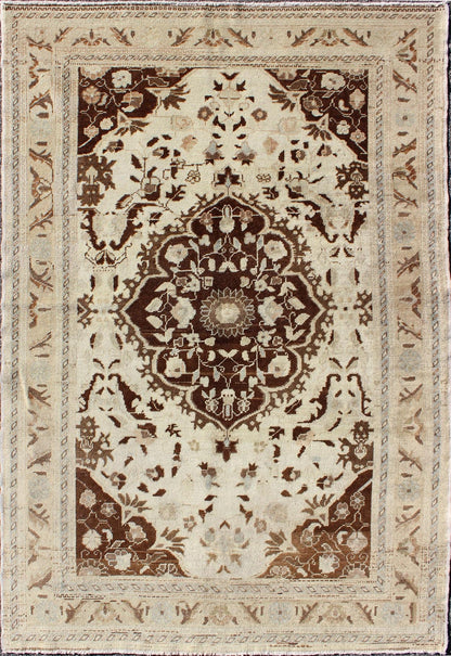 Turkish Oushak Vintage Rug with Intricate Floral Medallion in Brown and Ivory. Keivan Woven Arts / rug TU - AYD - 95077, country of origin / type: Turkey / Oushak, circa mid - 20th century. This vintage Turkish Oushak carpet (circa mid - 20th century) f... - Keivan Woven ArtsTU - AYD - 95077 - 3866Rug