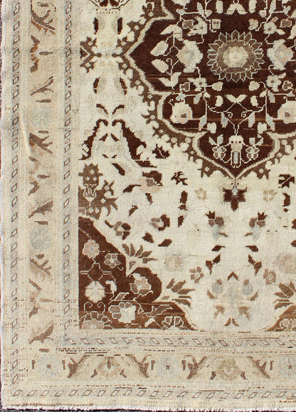 Turkish Oushak Vintage Rug with Intricate Floral Medallion in Brown and Ivory. Keivan Woven Arts / rug TU - AYD - 95077, country of origin / type: Turkey / Oushak, circa mid - 20th century. This vintage Turkish Oushak carpet (circa mid - 20th century) f... - Keivan Woven ArtsTU - AYD - 95077 - 3866Rug