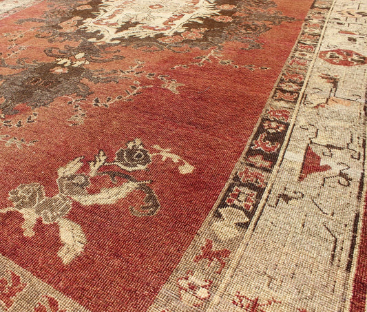 Keivan Woven Arts, Tu - Cum - 115, Antique Oushak Carpet From Turkey With Sienna color Field and Floral Medallion. Antique Oushak Carpet from Turkey with Faint Brown Red Field and Floral Medallion This antique Turkish Oushak rug features a unique bl... - Keivan Woven ArtsTU - CUM - 115 - 2404Rug