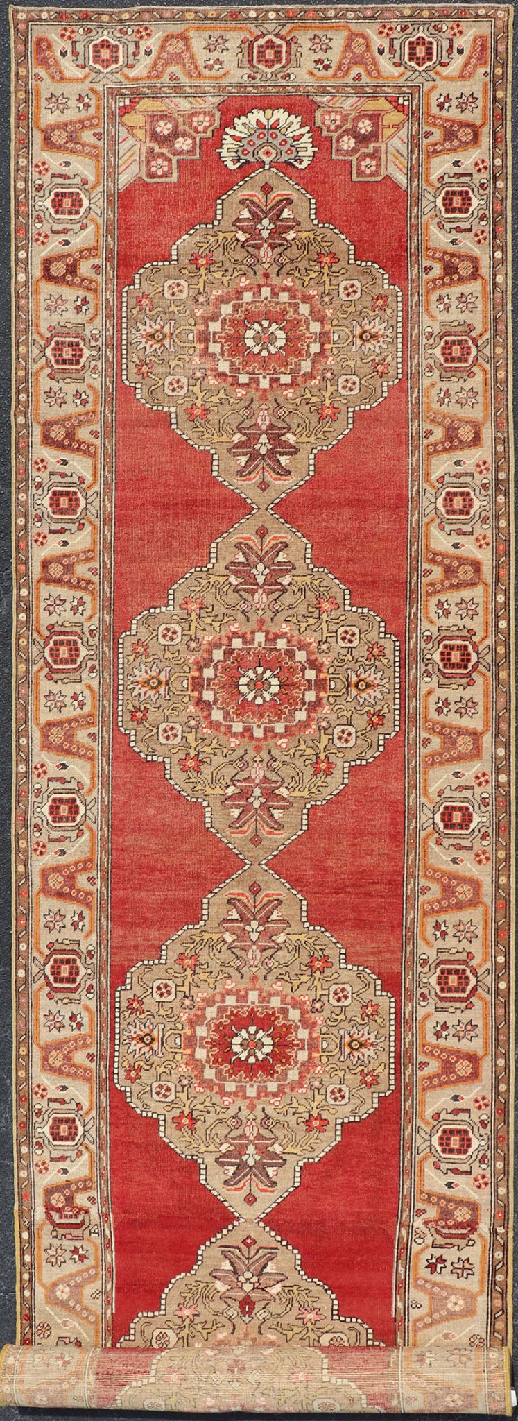 Keivan Woven Arts - Very Long Turkish Oushak Runner with Floral and Geometrics in Red & Neutrals, rug cum - 170, country of origin / type: Turkey / Oushak, circa 1930's. Measures: 3'11 x 20'6. This long Turkish Oushak gallery rug features a unique ... - Keivan Woven ArtsTU - CUM - 170 - 2408Rug