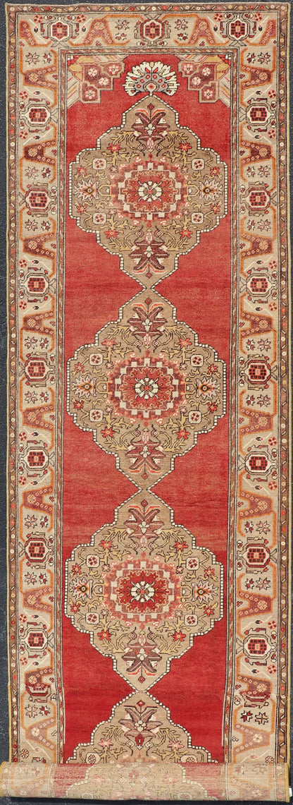 Keivan Woven Arts - Very Long Turkish Oushak Runner with Floral and Geometrics in Red & Neutrals, rug cum - 170, country of origin / type: Turkey / Oushak, circa 1930's. Measures: 3'11 x 20'6. This long Turkish Oushak gallery rug features a unique ... - Keivan Woven ArtsTU - CUM - 170 - 2408Rug