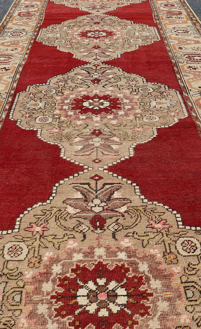 Keivan Woven Arts - Very Long Turkish Oushak Runner with Floral and Geometrics in Red & Neutrals, rug cum - 170, country of origin / type: Turkey / Oushak, circa 1930's. Measures: 3'11 x 20'6. This long Turkish Oushak gallery rug features a unique ... - Keivan Woven ArtsTU - CUM - 170 - 2408Rug