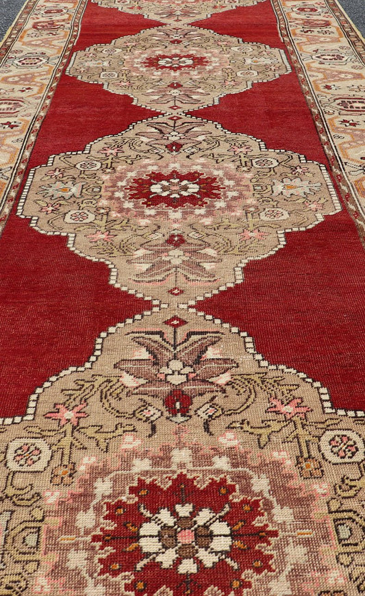 Keivan Woven Arts - Very Long Turkish Oushak Runner with Floral and Geometrics in Red & Neutrals, rug cum - 170, country of origin / type: Turkey / Oushak, circa 1930's. Measures: 3'11 x 20'6. This long Turkish Oushak gallery rug features a unique ... - Keivan Woven ArtsTU - CUM - 170 - 2408Rug