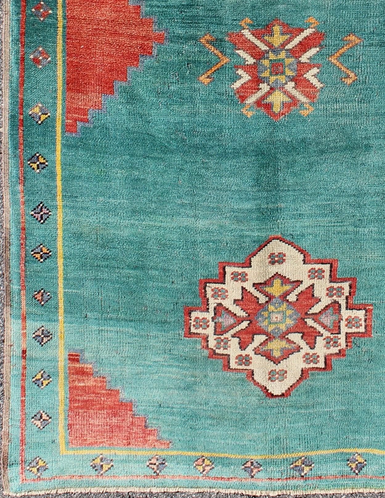 Teal - Colored Oushak Vintage Turkish Rug with Three Medallions, Red Cornices kwarugs Teal - colored Oushak vintage Turkish rug with three medallions, red cornices, Keivan Woven Arts / rug tu - dur - 136581, country of origin / type: Turkey / Oushak, ci... - Keivan Woven ArtsTU - DUR - 136581 - 9144Rug