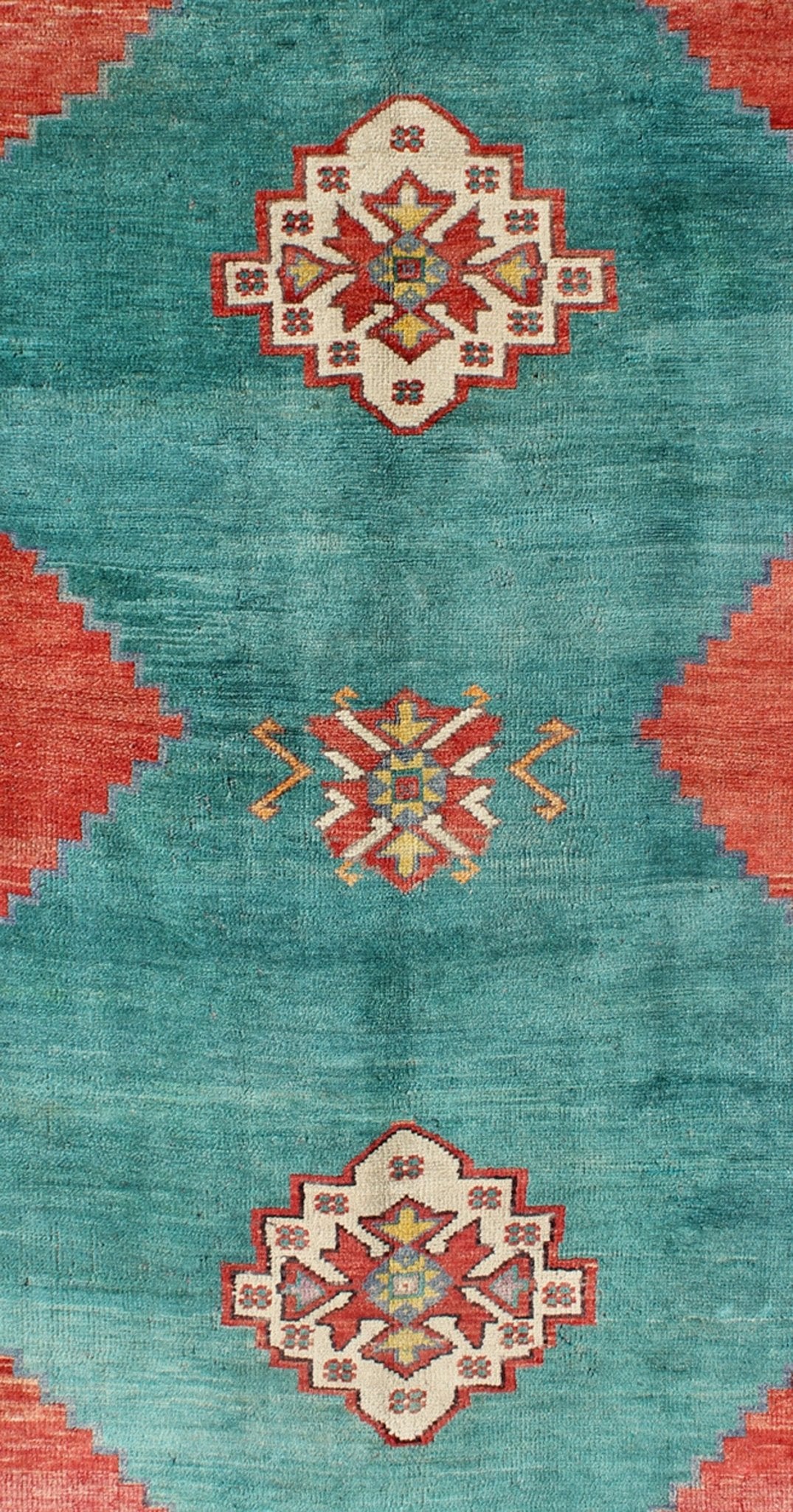 Teal - Colored Oushak Vintage Turkish Rug with Three Medallions, Red Cornices kwarugs Teal - colored Oushak vintage Turkish rug with three medallions, red cornices, Keivan Woven Arts / rug tu - dur - 136581, country of origin / type: Turkey / Oushak, ci... - Keivan Woven ArtsTU - DUR - 136581 - 9144Rug