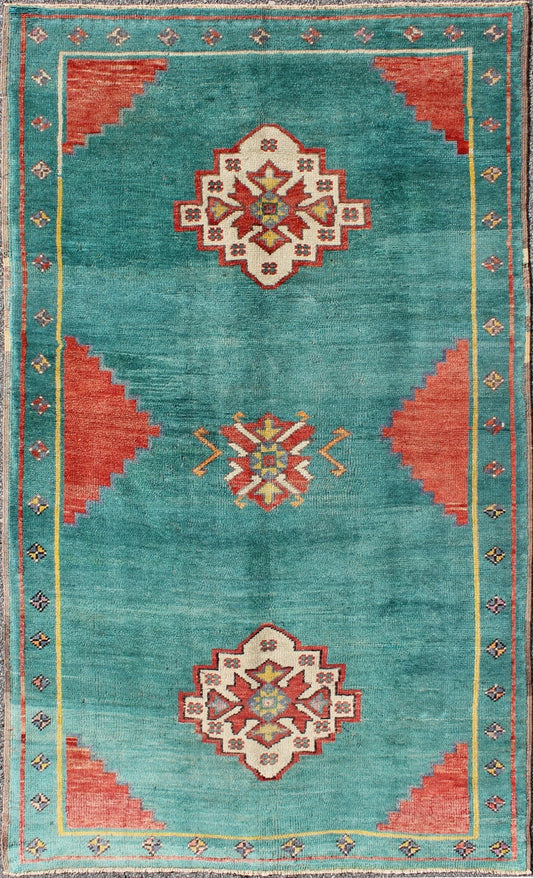 Teal - Colored Oushak Vintage Turkish Rug with Three Medallions, Red Cornices kwarugs Teal - colored Oushak vintage Turkish rug with three medallions, red cornices, Keivan Woven Arts / rug tu - dur - 136581, country of origin / type: Turkey / Oushak, ci... - Keivan Woven ArtsTU - DUR - 136581 - 9144Rug
