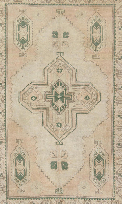 Tribal Turkish Oushak Rug in Green, Light Peach and Cream With Cross Medallion Tribal medallion design Oushak rug from Turkey, Keivan Woven Arts / rug TU - DUR - 136588, country of origin / type: Turkey / Oushak, circa 1940 This vintage Turk... - Keivan Woven ArtsTU - DUR - 136588 - 9526Rug