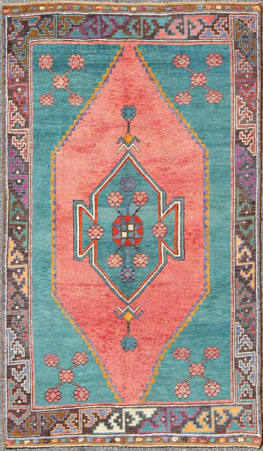 Tribal Design Vintage Turkish Rug in Teal, Blue, Green, Charcoal & Coral. Colorful rug, tribal rug. Colorful Turkish medallion with tribal design in teal, coral, background and complemented by deep multi colors in the repeating geometric motif c... - Keivan Woven ArtsTU - DUR - 136593 - 9532