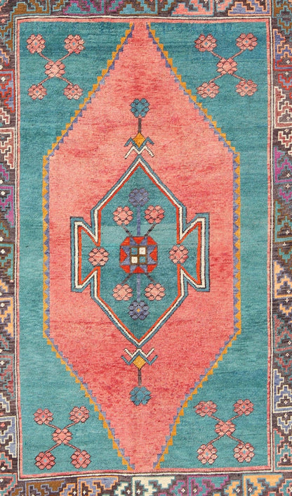 Tribal Design Vintage Turkish Rug in Teal, Blue, Green, Charcoal & Coral. Colorful rug, tribal rug. Colorful Turkish medallion with tribal design in teal, coral, background and complemented by deep multi colors in the repeating geometric motif c... - Keivan Woven ArtsTU - DUR - 136593 - 9532Rug