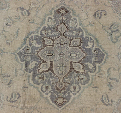 Vintage Turkish Medallion Oushak in Muted Yellow, Blue, Green, Peach & Lilac Vintage Turkish Medallion Oushak in Muted Yellow, Blue, light Green, Peach & Lilac; Country of Origin: Turkey; Type: Oushak; Design: Medallion, Floral Medallion, All - O... - Keivan Woven ArtsTU - DUR - 3415 - 6151Rug