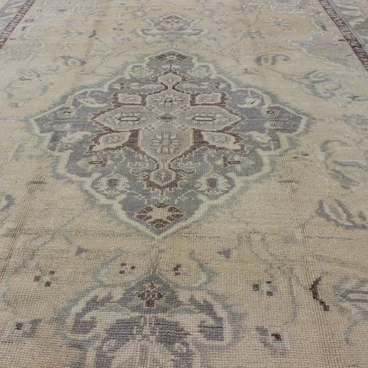 Vintage Turkish Medallion Oushak in Muted Yellow, Blue, Green, Peach & Lilac Vintage Turkish Medallion Oushak in Muted Yellow, Blue, light Green, Peach & Lilac; Country of Origin: Turkey; Type: Oushak; Design: Medallion, Floral Medallion, All - O... - Keivan Woven ArtsTU - DUR - 3415 - 6151Rug