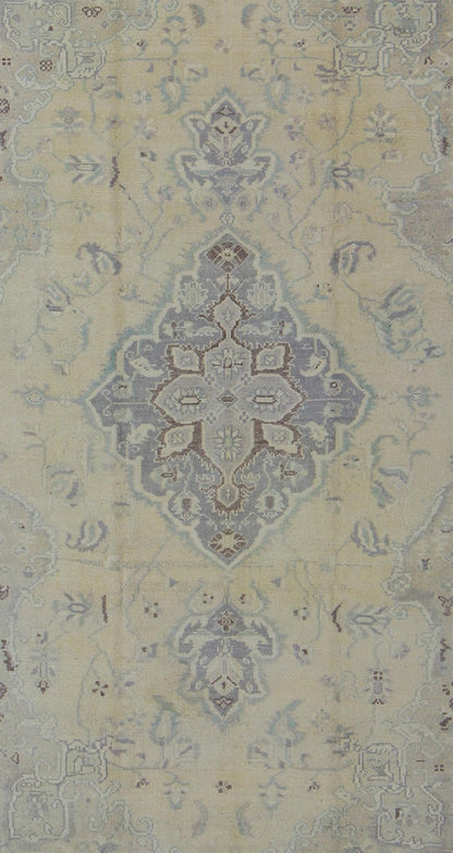 Vintage Turkish Medallion Oushak in Muted Yellow, Blue, Green, Peach & Lilac Vintage Turkish Medallion Oushak in Muted Yellow, Blue, light Green, Peach & Lilac; Country of Origin: Turkey; Type: Oushak; Design: Medallion, Floral Medallion, All - O... - Keivan Woven ArtsTU - DUR - 3415 - 6151Rug