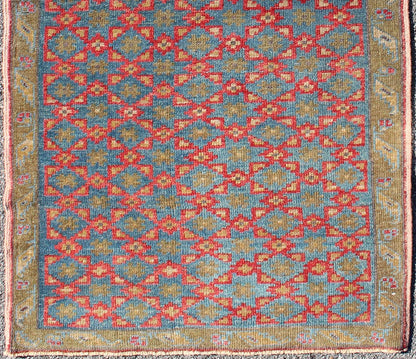 Turkish Oushak Rug with All - Over Floral Lattice Design in Red, Blue, Olive Green, rug dur - 3418, country of origin / type: Turkey / Oushak, circa mid - 20th century The design of this beautiful vintage Oushak rug from mid - 20th century Turkey is enh... - Keivan Woven ArtsTU - DUR - 3418 - 5716Rug