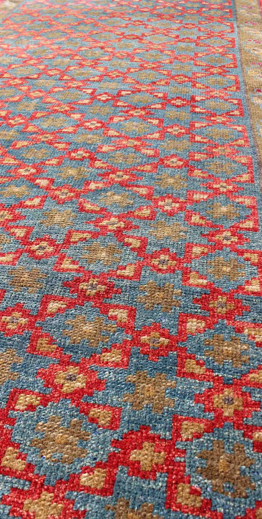 Turkish Oushak Rug with All - Over Floral Lattice Design in Red, Blue, Olive Green, rug dur - 3418, country of origin / type: Turkey / Oushak, circa mid - 20th century The design of this beautiful vintage Oushak rug from mid - 20th century Turkey is enh... - Keivan Woven ArtsTU - DUR - 3418 - 5716Rug