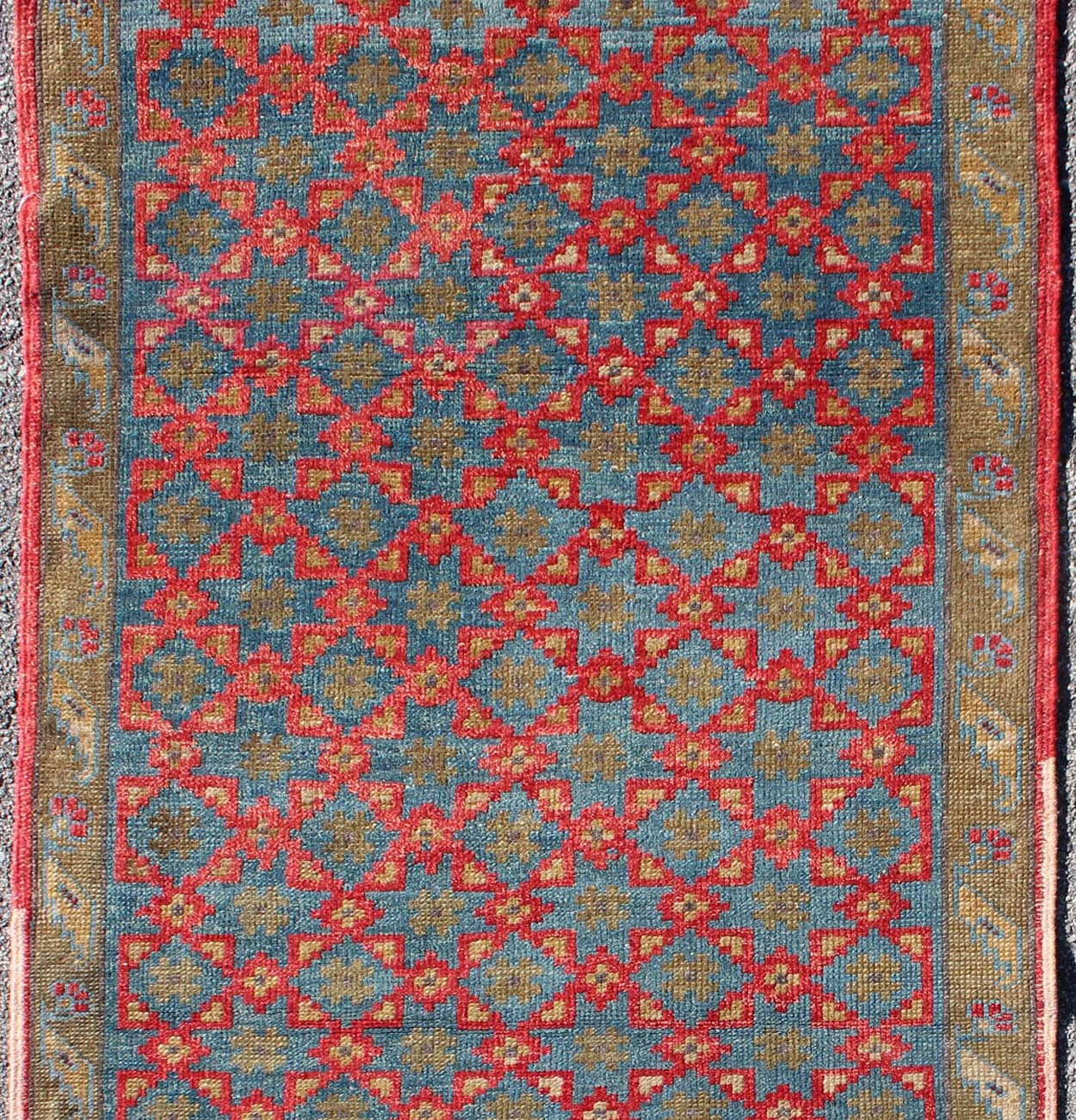 Turkish Oushak Rug with All - Over Floral Lattice Design in Red, Blue, Olive Green, rug dur - 3418, country of origin / type: Turkey / Oushak, circa mid - 20th century The design of this beautiful vintage Oushak rug from mid - 20th century Turkey is enh... - Keivan Woven ArtsTU - DUR - 3418 - 5716Rug