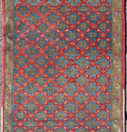 Turkish Oushak Rug with All - Over Floral Lattice Design in Red, Blue, Olive Green, rug dur - 3418, country of origin / type: Turkey / Oushak, circa mid - 20th century The design of this beautiful vintage Oushak rug from mid - 20th century Turkey is enh... - Keivan Woven ArtsTU - DUR - 3418 - 5716Rug