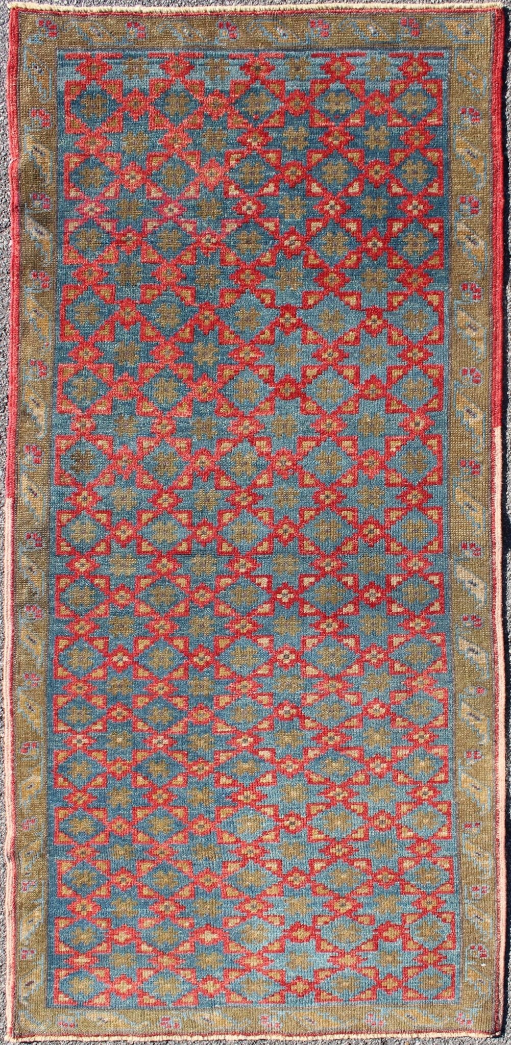 Turkish Oushak Rug with All - Over Floral Lattice Design in Red, Blue, Olive Green, rug dur - 3418, country of origin / type: Turkey / Oushak, circa mid - 20th century The design of this beautiful vintage Oushak rug from mid - 20th century Turkey is enh... - Keivan Woven ArtsTU - DUR - 3418 - 5716Rug