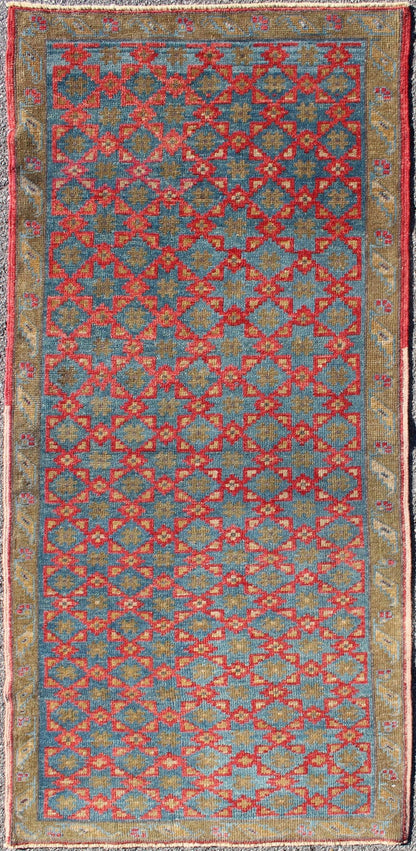 Turkish Oushak Rug with All - Over Floral Lattice Design in Red, Blue, Olive Green, rug dur - 3418, country of origin / type: Turkey / Oushak, circa mid - 20th century The design of this beautiful vintage Oushak rug from mid - 20th century Turkey is enh... - Keivan Woven ArtsTU - DUR - 3418 - 5716Rug