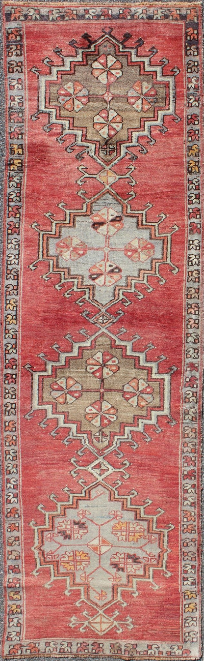 Tribal Geometric Vintage Turkish Oushak Runner with Medallions on Red Background, rug dur - 3423, country of origin / type: Turkey / Oushak, circa mid - 20th century This vintage Turkish Oushak gallery rug (circa mid - 20th century) features a unique ... - Keivan Woven ArtsTU - DUR - 3423 - 5720Rug