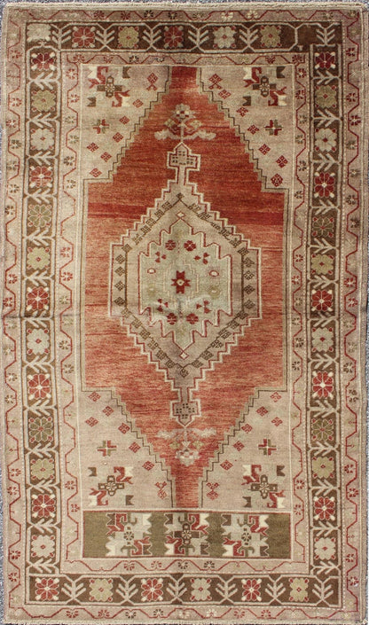 Vintage Oushak Rug With Geometric Motifs in Terracotta, Green and Tan. Vintage Oushak Rug from Turkey with Geometric Motifs Keivan Woven Arts/ rug#TU - DUR - 3461, contents/ wool, hand knotted, origin/turkey Measures: 3.5 x 6.1 This v... - Keivan Woven ArtsTU - DUR - 3461 - 5732Rug