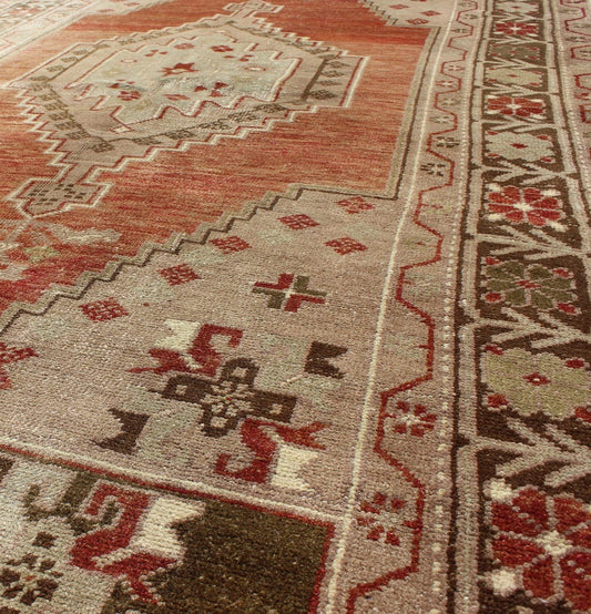 Vintage Oushak Rug With Geometric Motifs in Terracotta, Green and Tan. Vintage Oushak Rug from Turkey with Geometric Motifs Keivan Woven Arts/ rug#TU - DUR - 3461, contents/ wool, hand knotted, origin/turkey Measures: 3.5 x 6.1 This v... - Keivan Woven ArtsTU - DUR - 3461 - 5732Rug