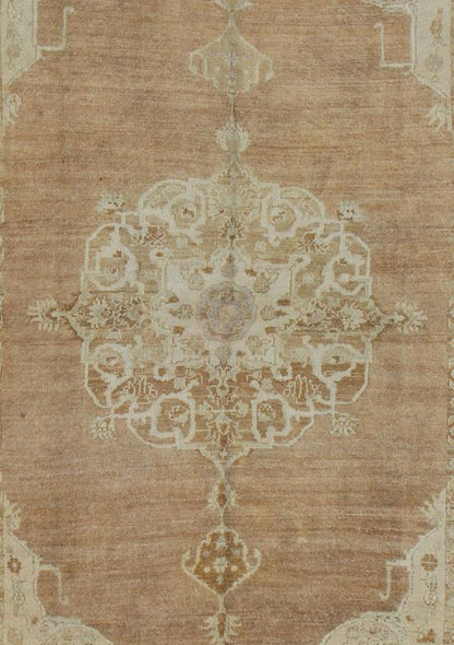 Brown and Ivory Vintage Turkish Rug with Flowers and Elegant Medallion Measures: 7'0'' x 12'5''. This vintage Turkish carpet, (circa mid - 20th century) features an elegant central medallion design, as well as patterns of smaller flowers and fl... - Keivan Woven ArtsTU - DUR - 3478 - 7225Rug