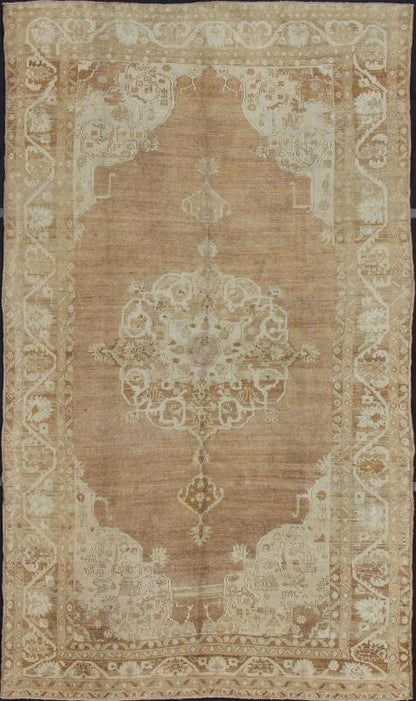 Brown and Ivory Vintage Turkish Rug with Flowers and Elegant Medallion Measures: 7'0'' x 12'5''. This vintage Turkish carpet, (circa mid - 20th century) features an elegant central medallion design, as well as patterns of smaller flowers and fl... - Keivan Woven ArtsTU - DUR - 3478 - 7225Rug