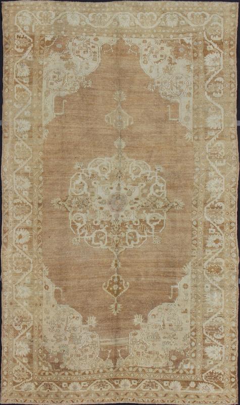 Brown and Ivory Vintage Turkish Rug with Flowers and Elegant Medallion Measures: 7'0'' x 12'5''. This vintage Turkish carpet, (circa mid - 20th century) features an elegant central medallion design, as well as patterns of smaller flowers and fl... - Keivan Woven ArtsTU - DUR - 3478 - 7225Rug