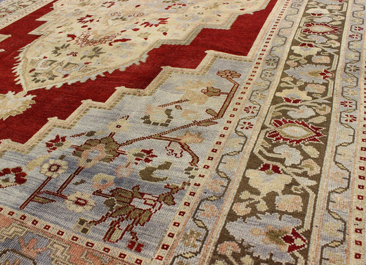 Beautiful Red Background Turkish Vintage Oushak Rug Blue Corners and Greed Border Keivan Woven Arts - AtlantaA beautiful Red background Turkish Vintage Oushak rug with Intricate Floral Medallion, rug dur - 447, country of origin / type: Turkey / Ou... - Keivan Woven ArtsTU - DUR - 447 - 2930Rug