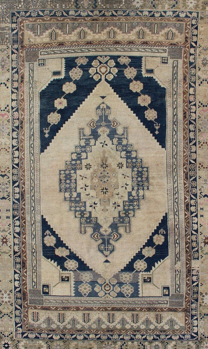 Blue, Brown, and Cream Hand Knotted Turkish Oushak Rug Vintage With Medallion Design Vintage Oushak carpet with medallion design, rug TU - DUR - 4814, country of origin / Keivan Woven Arts type: Turkey / Oushak, circa 1940 This vintage Ousha... - Keivan Woven ArtsTU - DUR - 4814 - 10752Rug