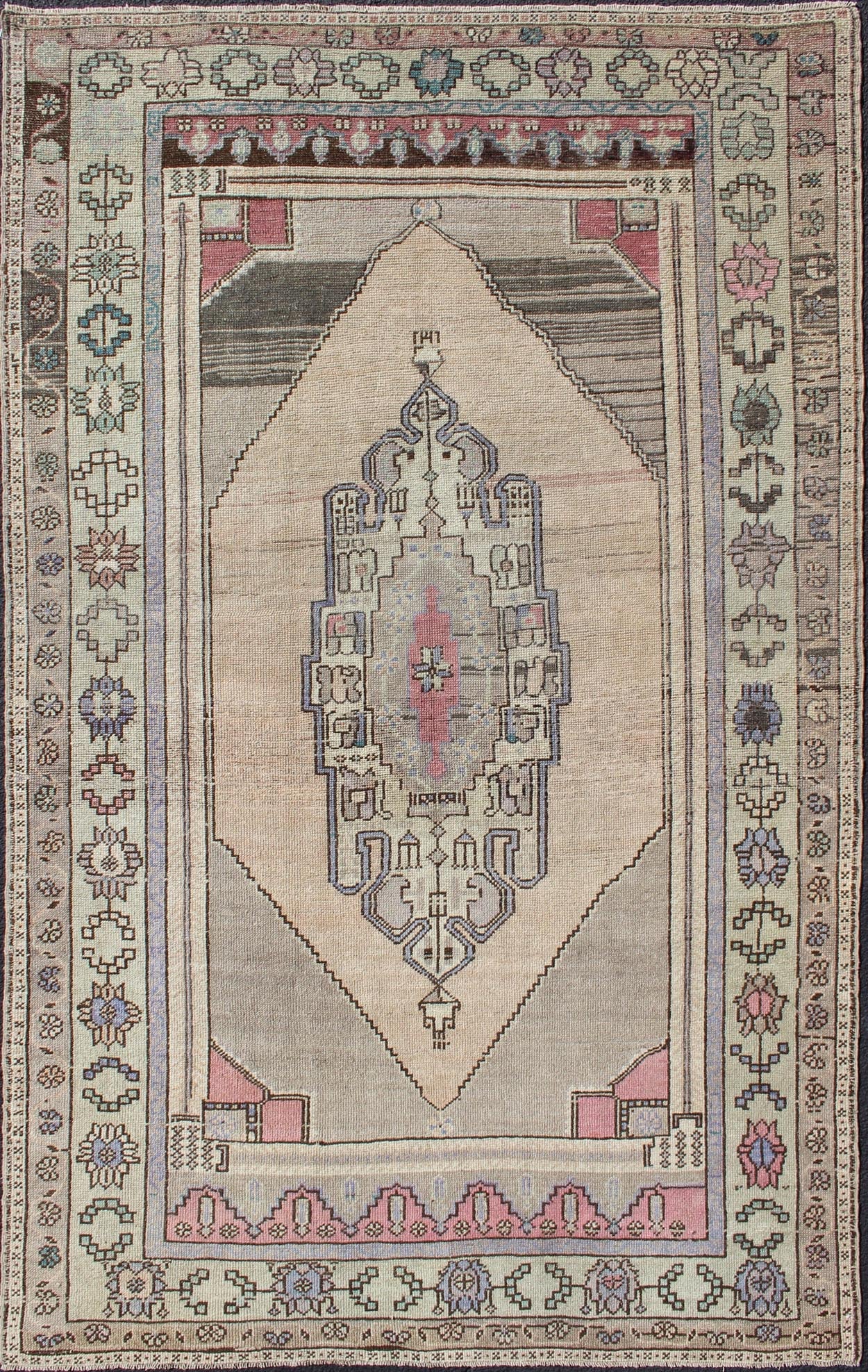 Muted Turkish Oushak with Stretched Medallion Design Medallion Design Oushak Rug from Turkey, rug TU - DUR - 4815, country of origin / type: Turkey / Oushak, circa 1940 This vintage Turkish Oushak rug features a stretched medallion design in ... - Keivan Woven ArtsTU - DUR - 4815 - 10756Rug
