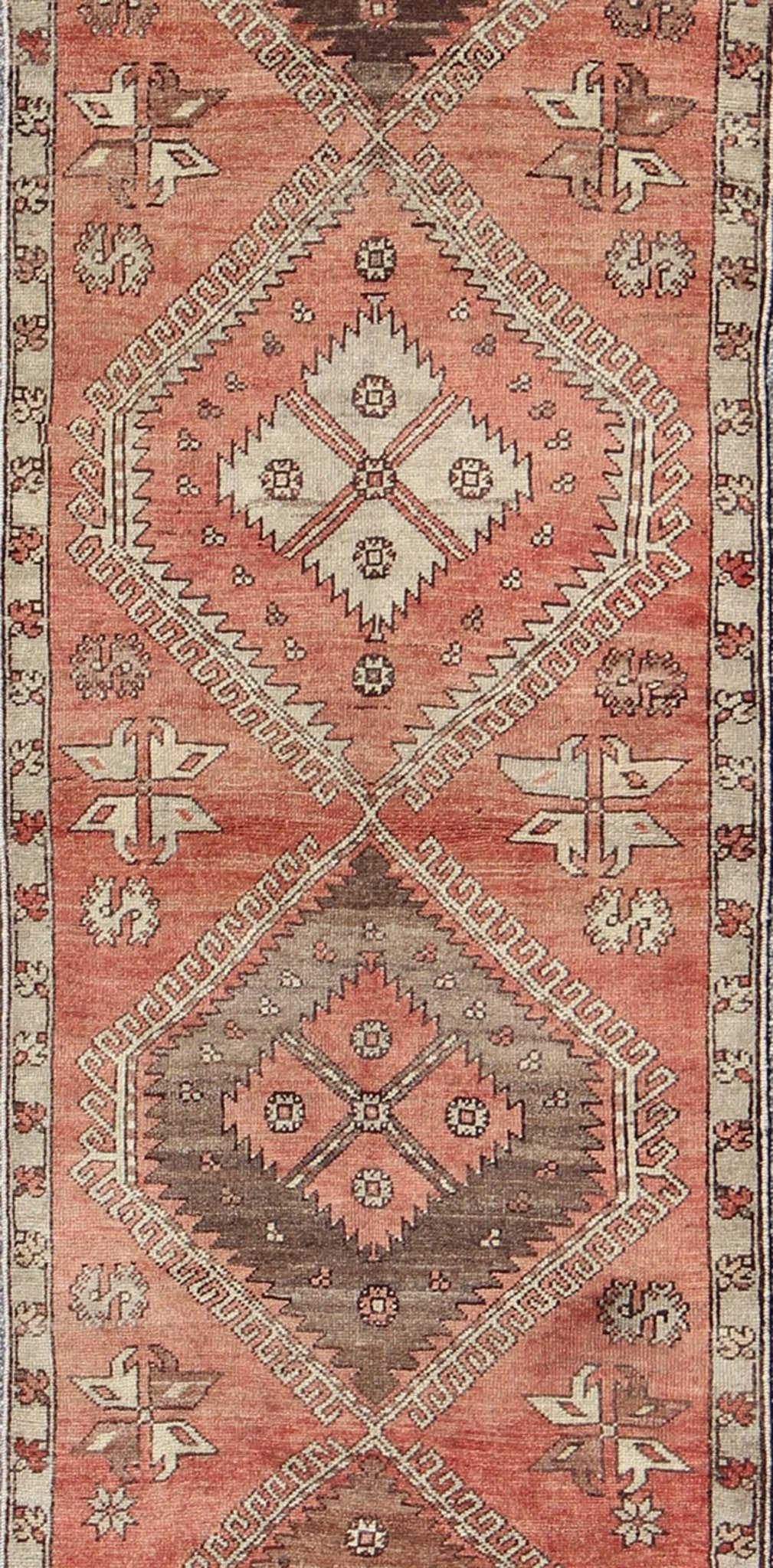 Geometric Vintage Turkish Oushak Runner with Medallions in Red and Brown, rug dur - 502, country of origin / type: Turkey / Oushak, circa mid - 20th century This vintage Turkish Oushak gallery rug (circa mid - 20th century) features a unique blend of ... - Keivan Woven ArtsTU - DUR - 502 - 3493Rug