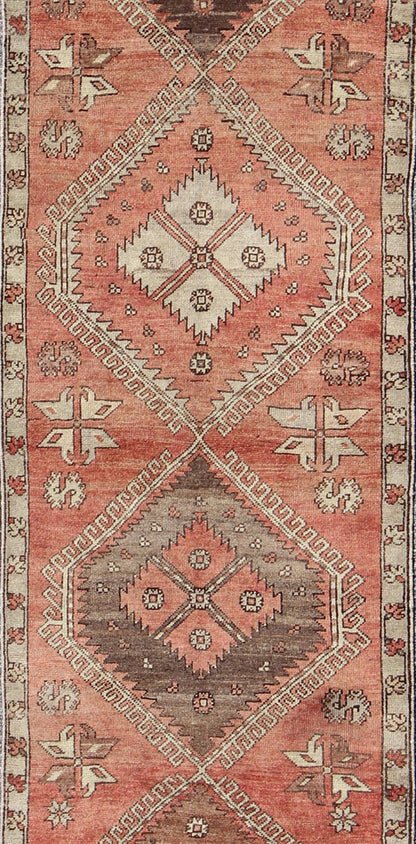 Geometric Vintage Turkish Oushak Runner with Medallions in Red and Brown, rug dur - 502, country of origin / type: Turkey / Oushak, circa mid - 20th century This vintage Turkish Oushak gallery rug (circa mid - 20th century) features a unique blend of ... - Keivan Woven ArtsTU - DUR - 502 - 3493Rug