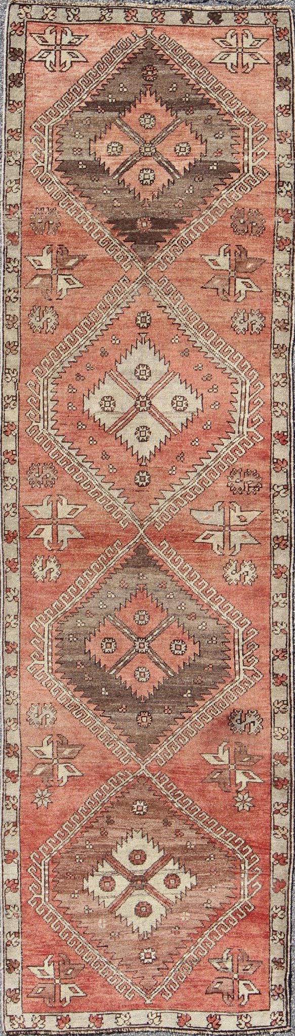 Geometric Vintage Turkish Oushak Runner with Medallions in Red and Brown, rug dur - 502, country of origin / type: Turkey / Oushak, circa mid - 20th century This vintage Turkish Oushak gallery rug (circa mid - 20th century) features a unique blend of ... - Keivan Woven ArtsTU - DUR - 502 - 3493Rug