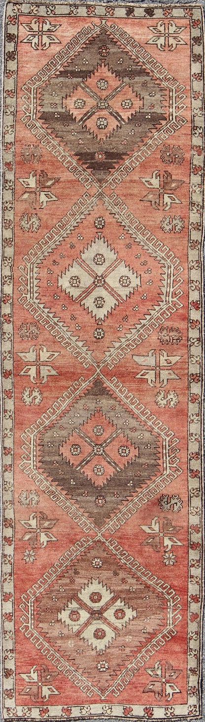 Geometric Vintage Turkish Oushak Runner with Medallions in Red and Brown, rug dur - 502, country of origin / type: Turkey / Oushak, circa mid - 20th century This vintage Turkish Oushak gallery rug (circa mid - 20th century) features a unique blend of ... - Keivan Woven ArtsTU - DUR - 502 - 3493Rug