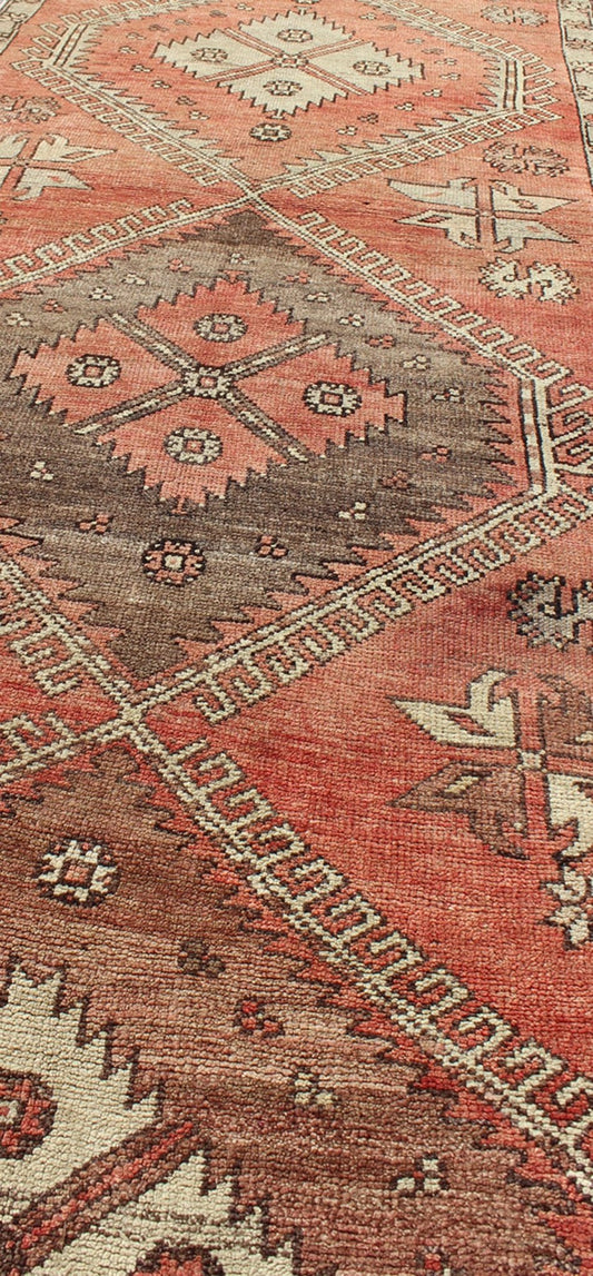 Geometric Vintage Turkish Oushak Runner with Medallions in Red and Brown, rug dur - 502, country of origin / type: Turkey / Oushak, circa mid - 20th century This vintage Turkish Oushak gallery rug (circa mid - 20th century) features a unique blend of ... - Keivan Woven ArtsTU - DUR - 502 - 3493Rug