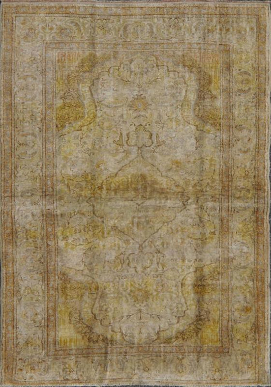 Silk Turkish Sivas Rug in Shades of Ivory, Brown and Yellow, rug dur - 95073, country of origin / type: Turkey / Oushak, circa mid - 20th century. This vintage Turkish Sivas carpet (circa mid - 20th century) features a central medallion design, as wel... - Keivan Woven ArtsTU - DUR - 95073 - 4526