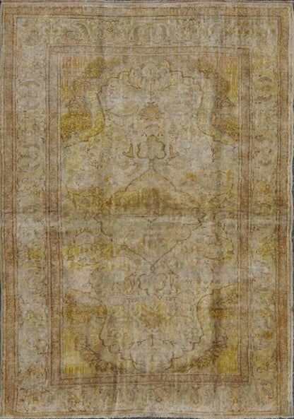 Silk Turkish Sivas Rug in Shades of Ivory, Brown and Yellow, rug dur - 95073, country of origin / type: Turkey / Oushak, circa mid - 20th century. This vintage Turkish Sivas carpet (circa mid - 20th century) features a central medallion design, as wel... - Keivan Woven ArtsTU - DUR - 95073 - 4526Rug