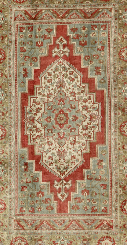 Floral Mid - Century Turkish Oushak Vintage Rug in Red, Blue, Green and Ivory, rug dur - 95178, country of origin / type: Turkey / Oushak, circa mid - 20th century This vintage Turkish Oushak carpet (circa mid - 20th century) features a floral central m... - Keivan Woven ArtsTU - DUR - 95178 - 4530Rug