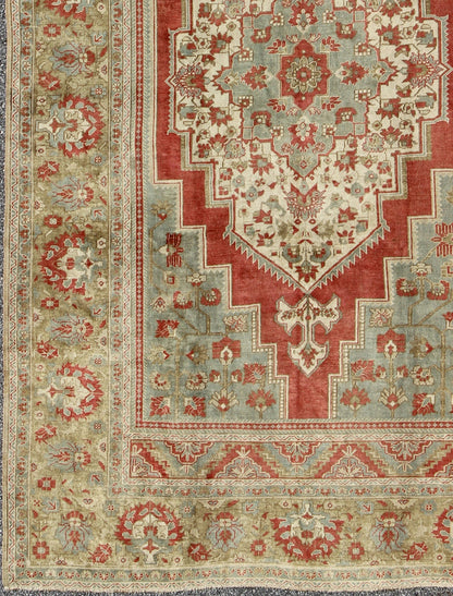 Floral Mid - Century Turkish Oushak Vintage Rug in Red, Blue, Green and Ivory, rug dur - 95178, country of origin / type: Turkey / Oushak, circa mid - 20th century This vintage Turkish Oushak carpet (circa mid - 20th century) features a floral central m... - Keivan Woven ArtsTU - DUR - 95178 - 4530Rug