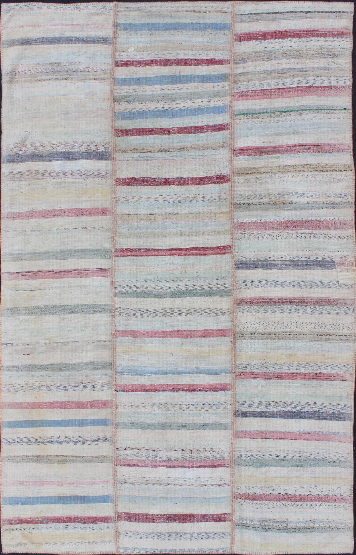Multi - Panel Vintage Turkish Flat Weave Rug in Pink, Blue, Green and Cream This multi - paneled, striped Kilim is an example of Provincial minimalism that has conformed to a more modern design. Individual panels are woven together to accentuate the... - Keivan Woven ArtsTU - EMD - 11605 - 2886Rug