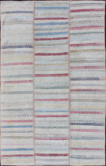 Multi - Panel Vintage Turkish Flat Weave Rug in Pink, Blue, Green and Cream This multi - paneled, striped Kilim is an example of Provincial minimalism that has conformed to a more modern design. Individual panels are woven together to accentuate the... - Keivan Woven ArtsTU - EMD - 11605 - 2886Rug